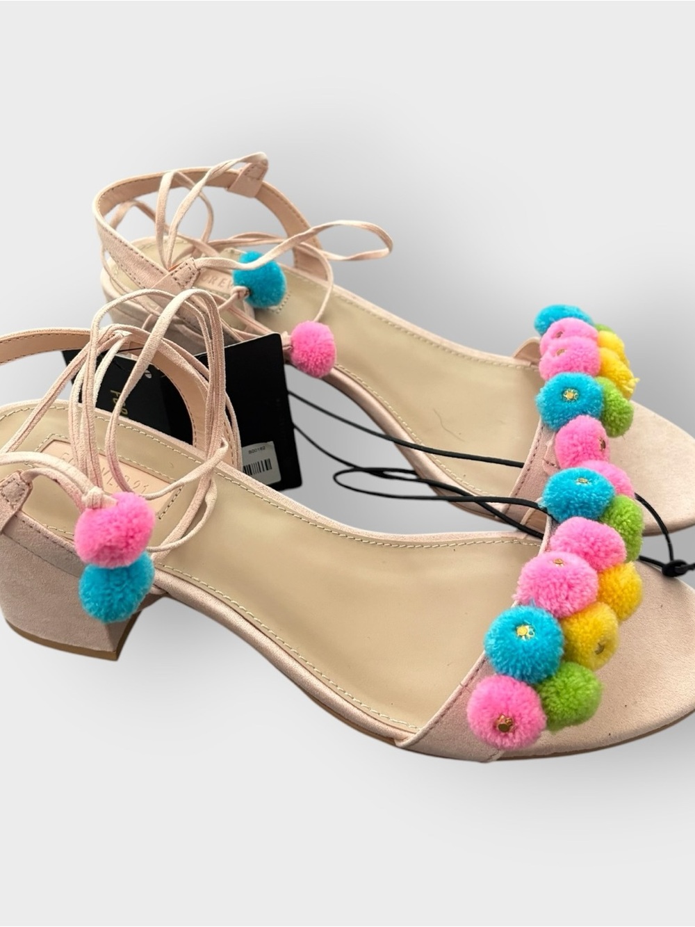 Forever 21 Multicolor Pom Pom Block Heeled Tie Lace Up Sandals - Boho Chic